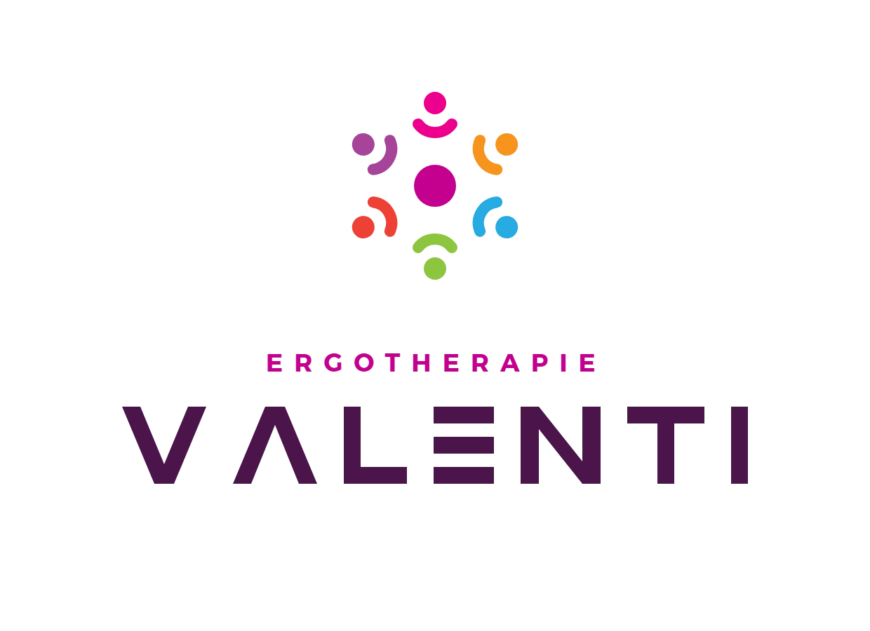 Logo van Ergotherapie Valenti: zes gekleurde figuren in een kring