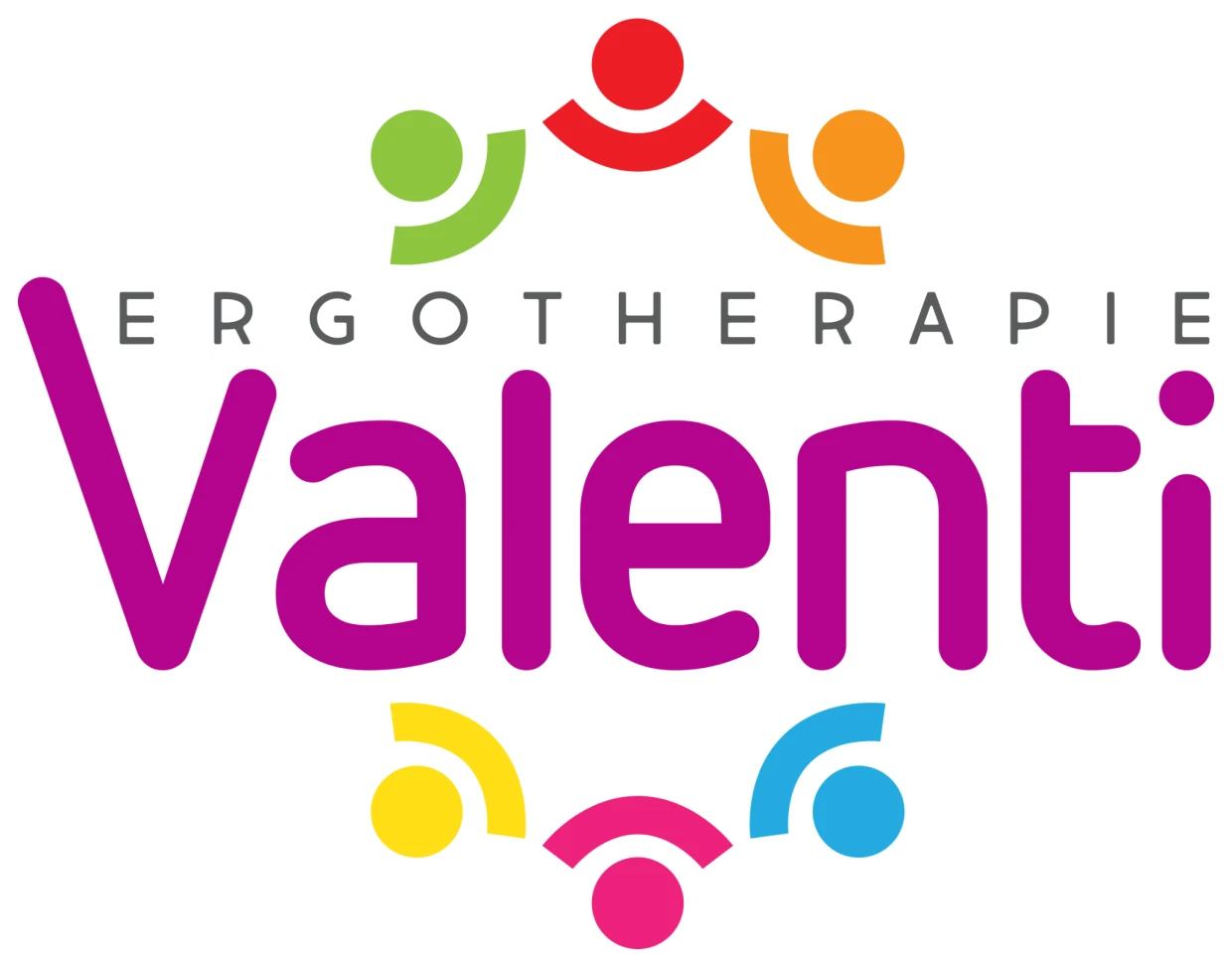 Logo van Ergotherapie Valenti: de naam met zes gekleurde figuren eromheen
