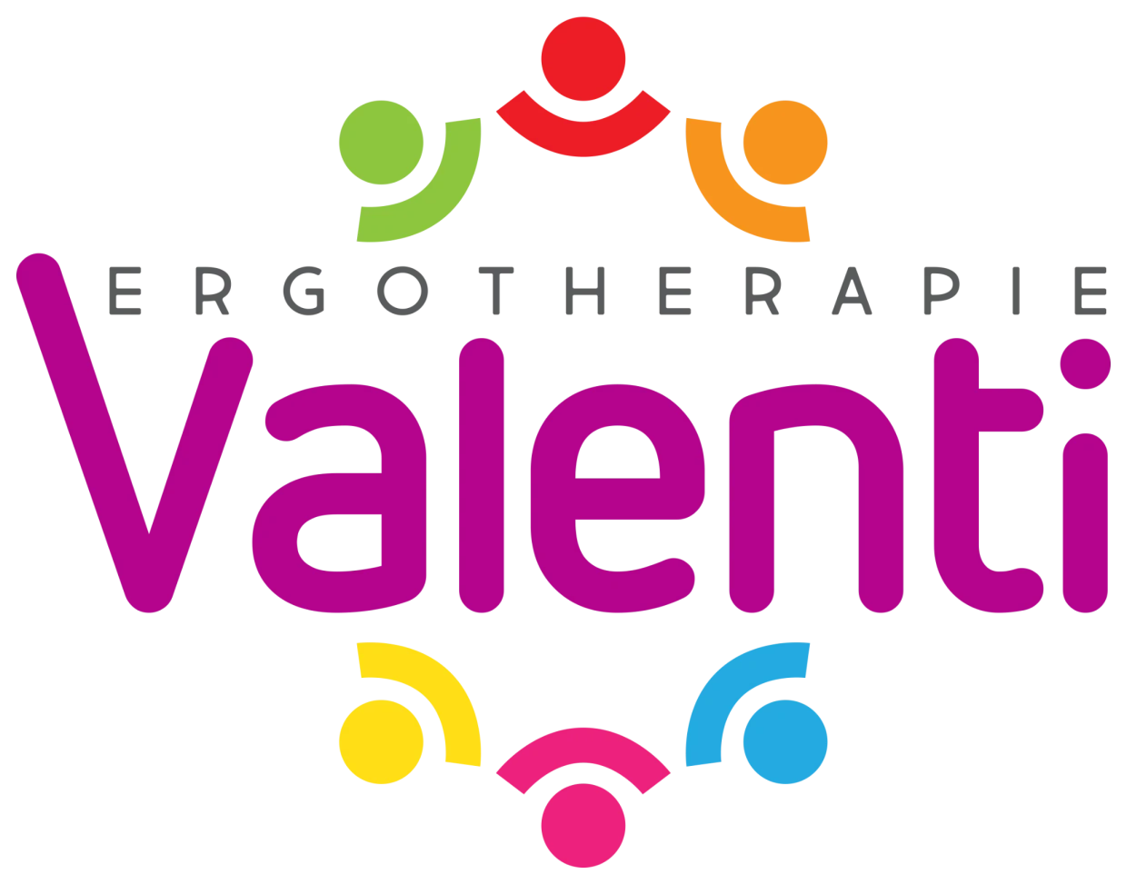 Logo van Ergotherapie Valenti: de naam met zes gekleurde figuren eromheen