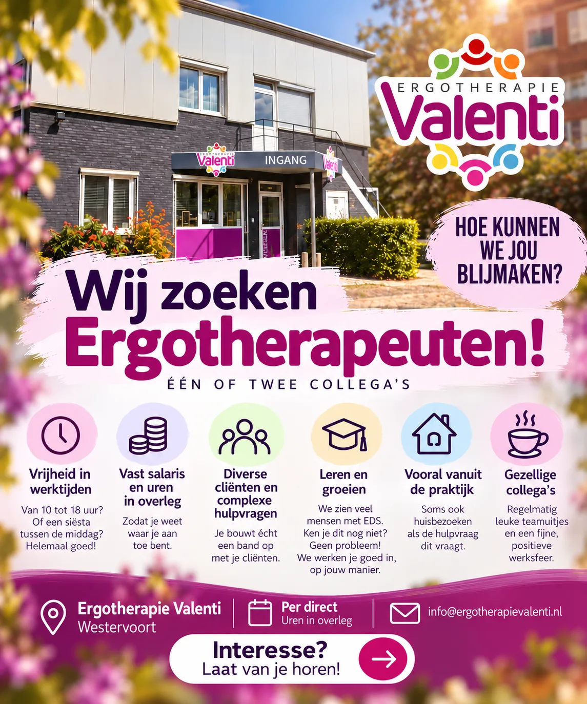 Poster: wij zoeken ergotherapeuten, één of twee collega's, met de praktijk in Westervoort op de achtergrond